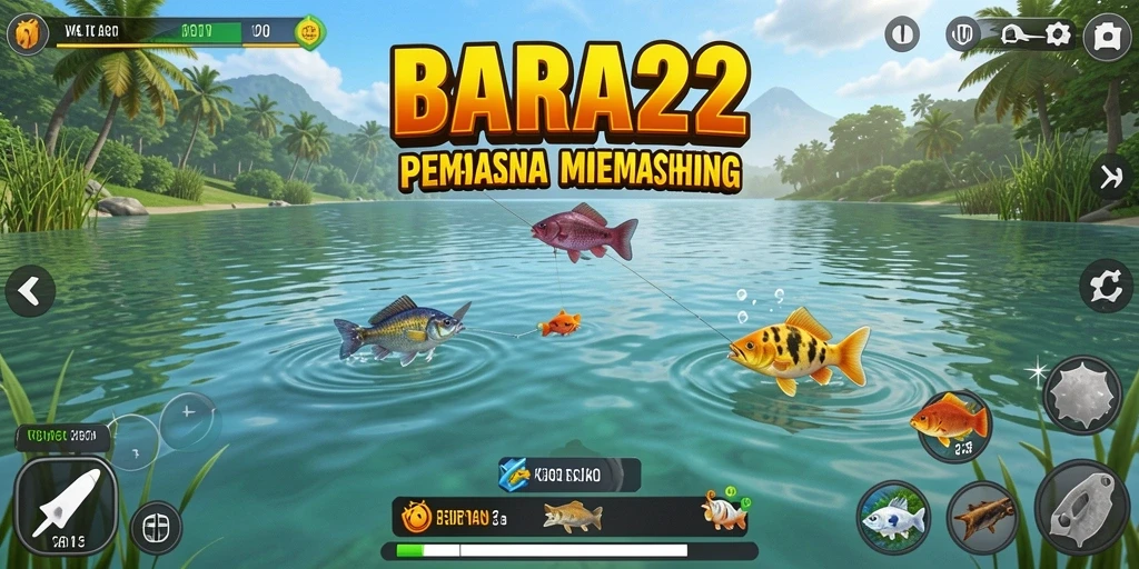 Screenshot utama BARA22 menampilkan aksi seru memancing dengan ikan yang beragam.