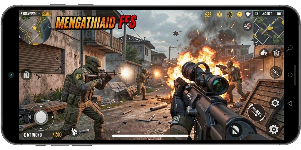 Screenshot menunjukkan aksi menegangkan dalam pertempuran FPS.
