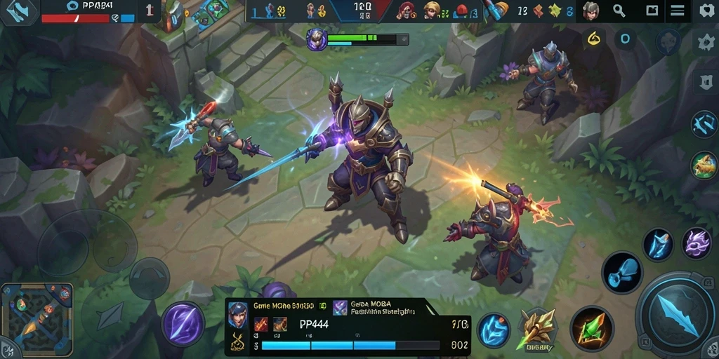 Tampilan gameplay MOBA PP444 yang mendebarkan di arena pertempuran.
