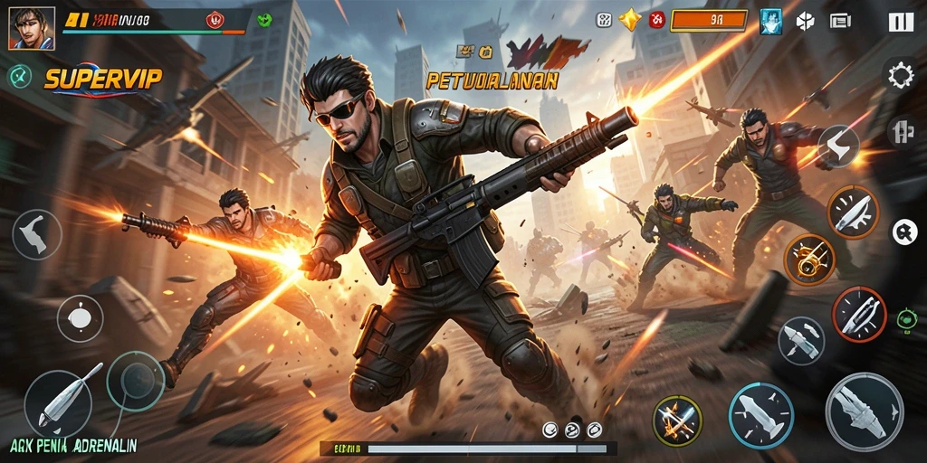 Screenshot gameplay SUPERVIP menampilkan aksi mendebarkan di arena pertempuran.