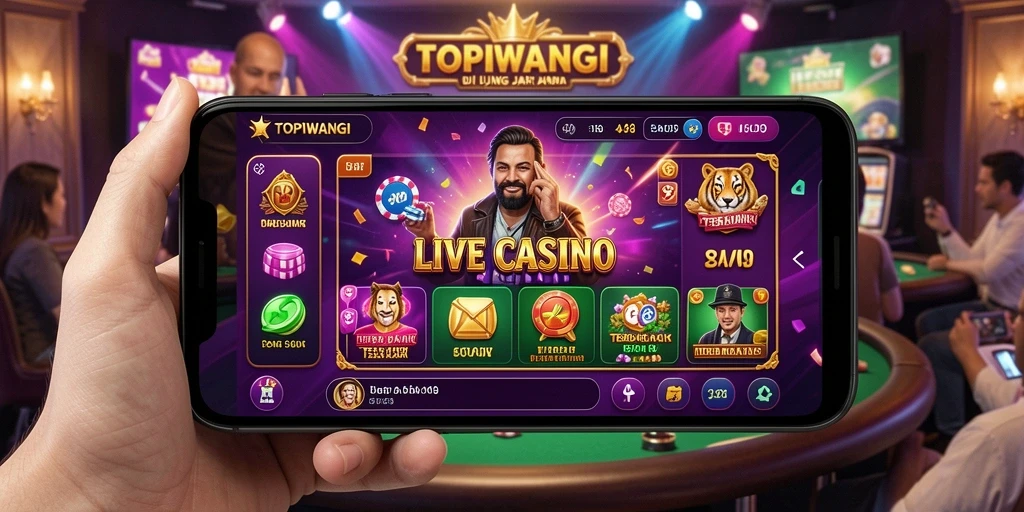 Screenshot gameplay TOPIWANGI menampilkan dealer interaktif dan suasana perjudian yang mendebarkan.